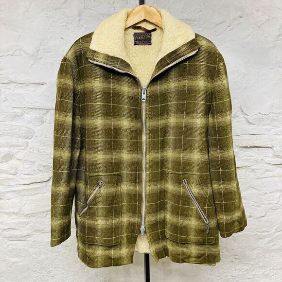 Vintage Pendleton Green Plaid Sherpa Jacket 1970s Car Coat Western Large Wool - Picture 1 of 12